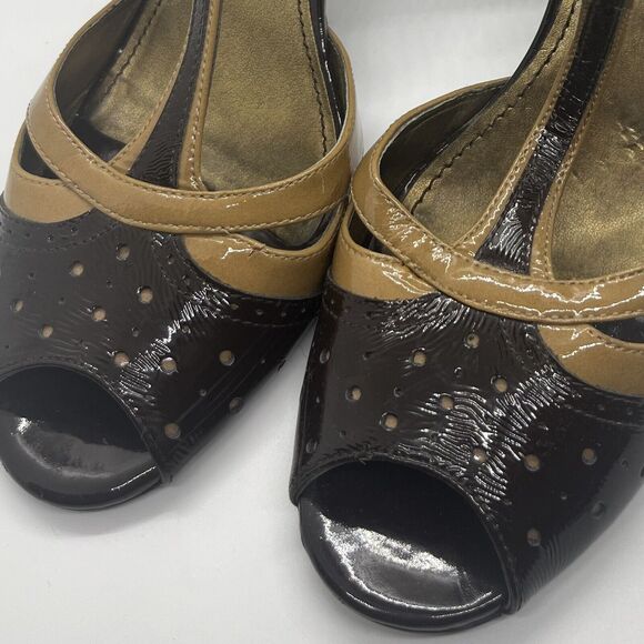 Vtg Franco Sarto 2-Tone Burgundy/Beige Peep Toe 8.5M Ankle Strap - Picture 10 of 16